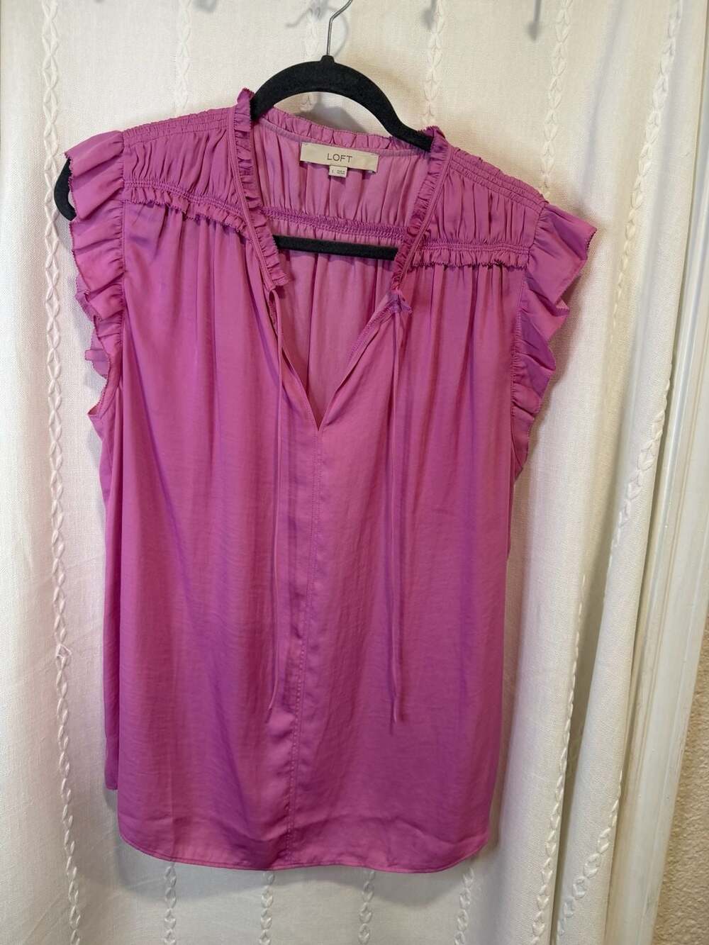 LOFT Women’s Large Pink Ruffle Sleeve Blouse V-Neck Boho Career Top